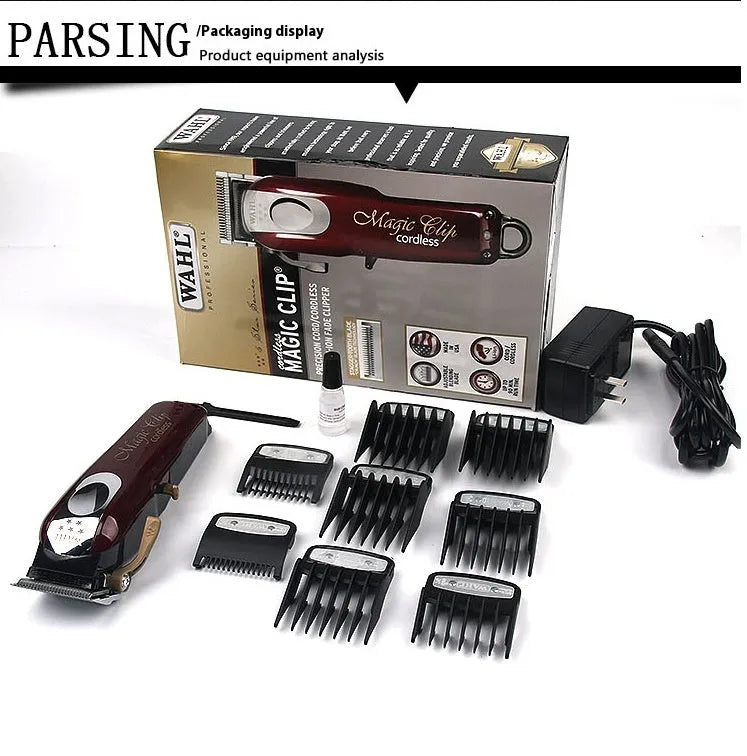 Charging cordless hair clippers with stainless steel cutter head on a stand, with UK, US and EU plug options.