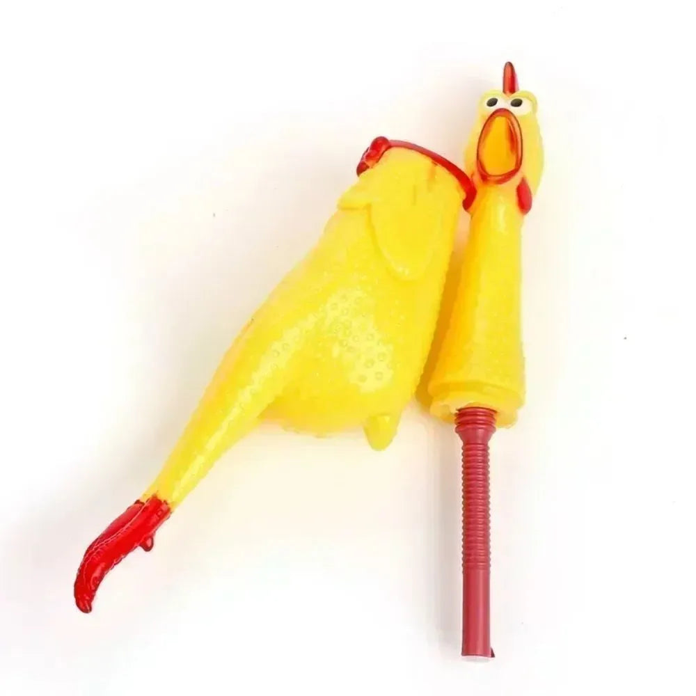 Yellow rubber screaming chicken dog squeak toy shown in small, medium and large sizes