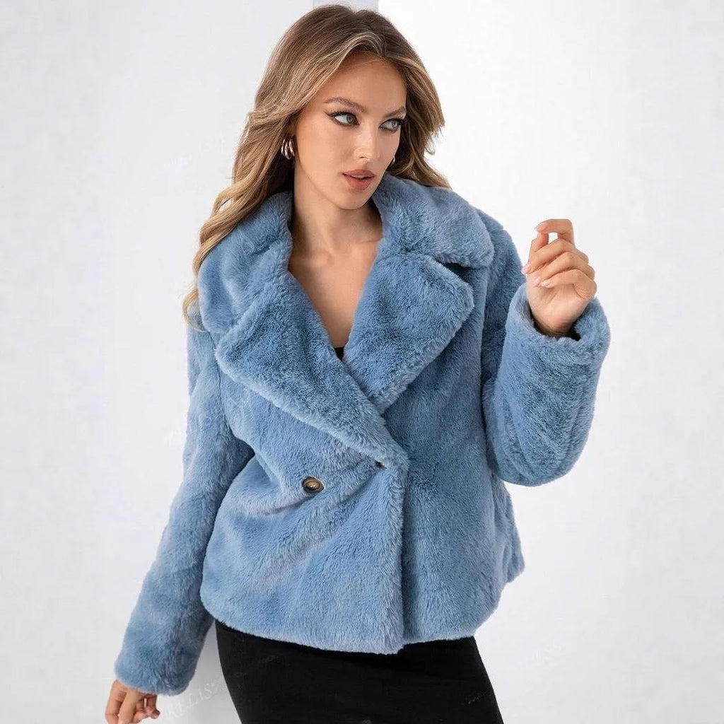 Rose red loose women's faux fur coat with regular sleeves on a hanger
