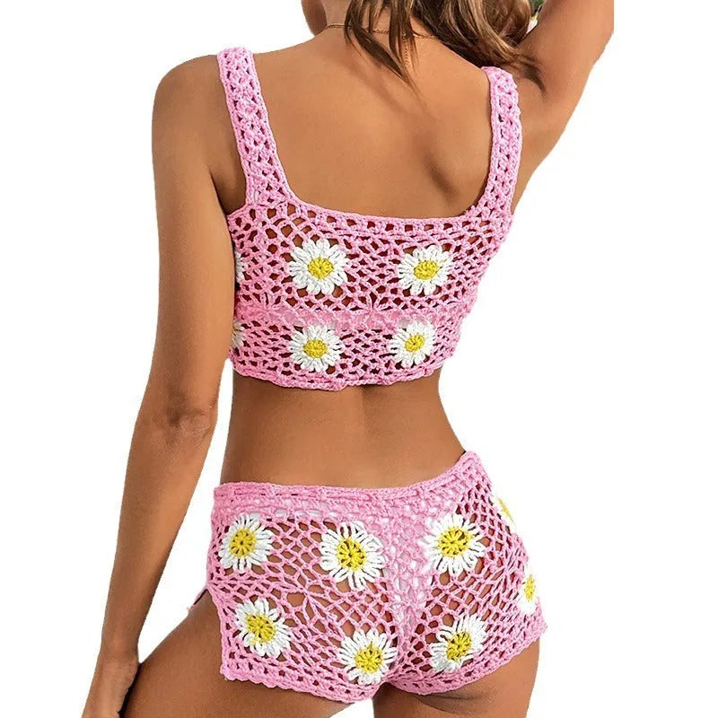 Light green floral pattern bikini swimsuit made of lightweight acrylic hollow yarn fabric.