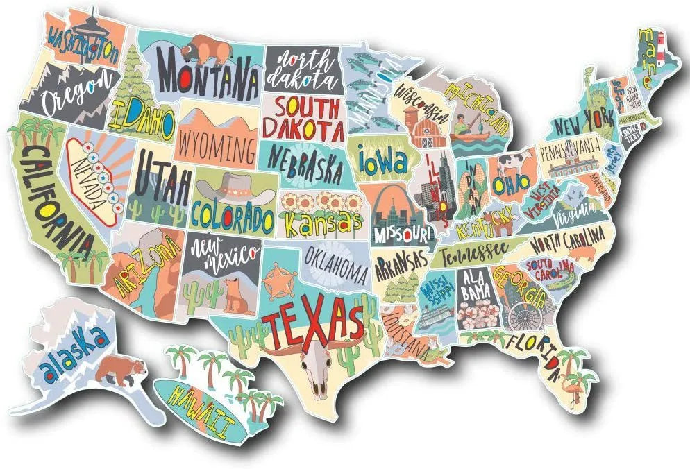 Travel-themed car sticker set with map lettering and white background on adhesive vinyl sheet.