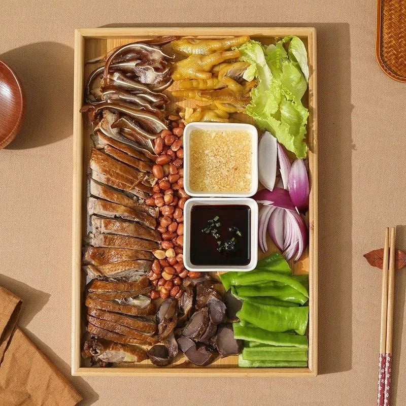 Square bamboo serving tray with brown handle for commercial food service