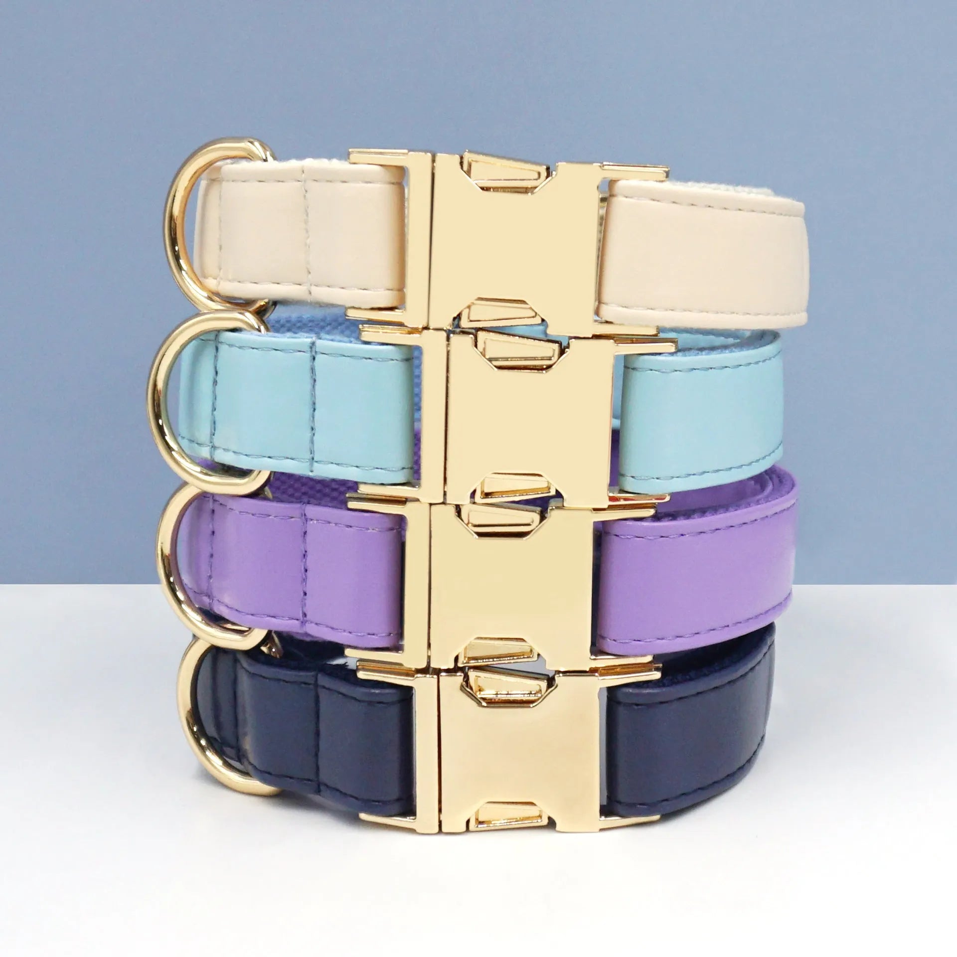 Simple colour block leather dog collar shown on a D-ring, available in multiple colours and sizes from XS to XL.