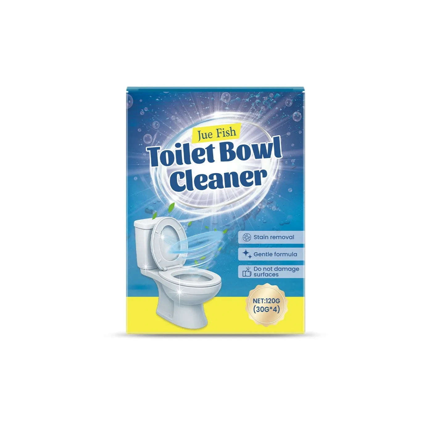 Toilet cleaning powder pack with four individual 30g sachets for descaling and stain removal.