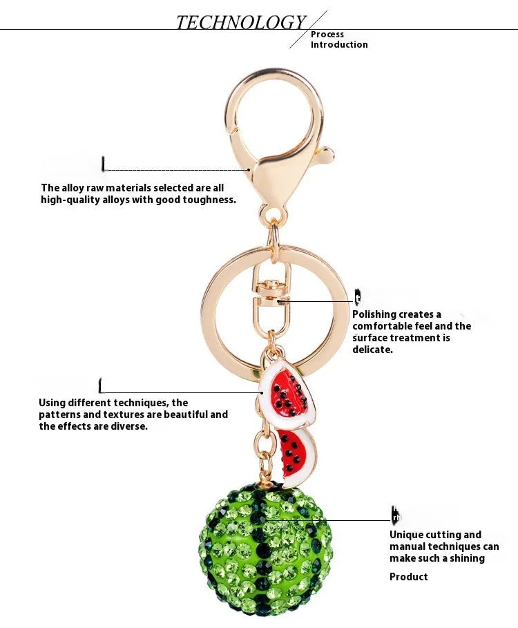Green watermelon-shaped zinc alloy keychain measuring 12cm