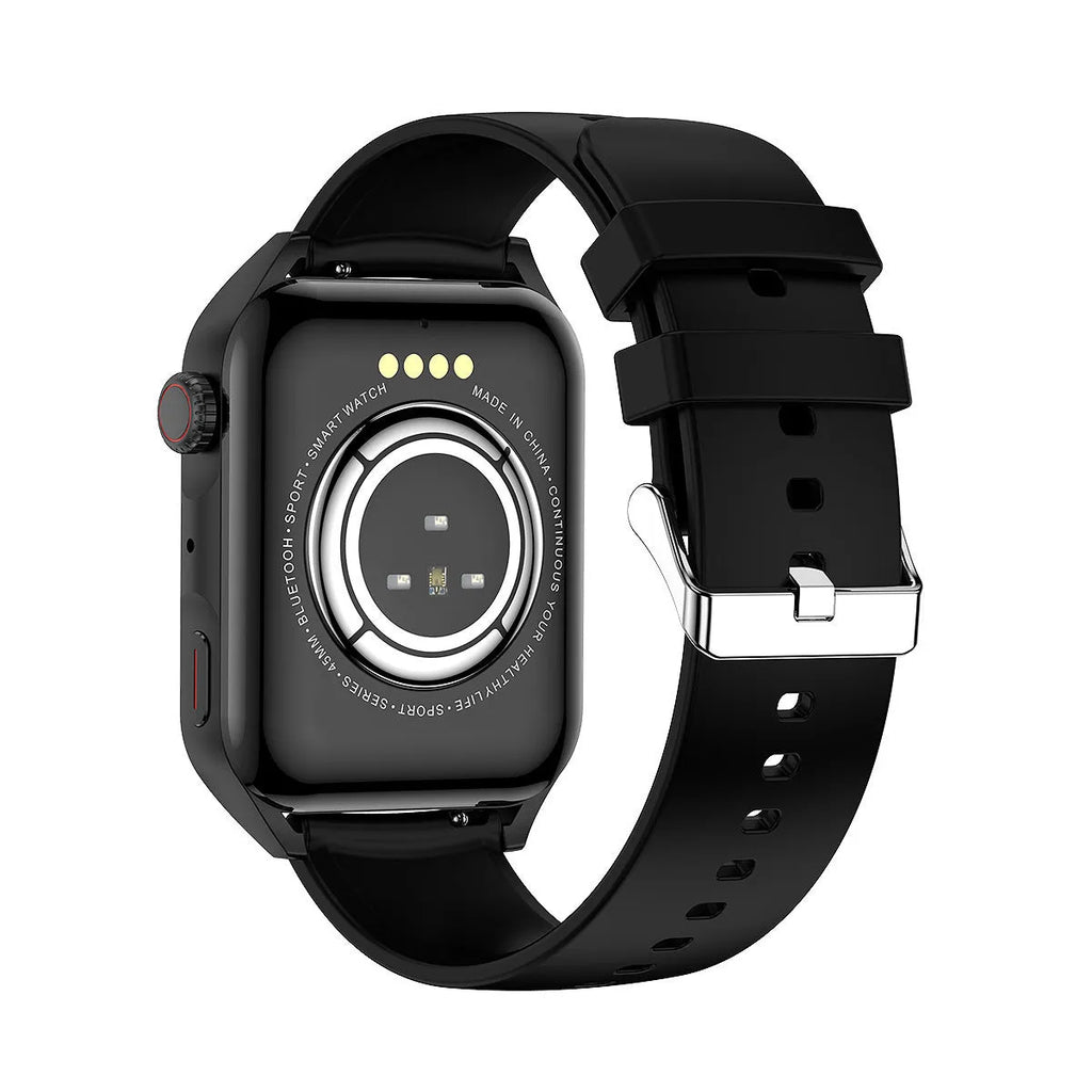 Black HD NFC smart watch with a silicone strap on a wrist, showing a multi-dial screen display.