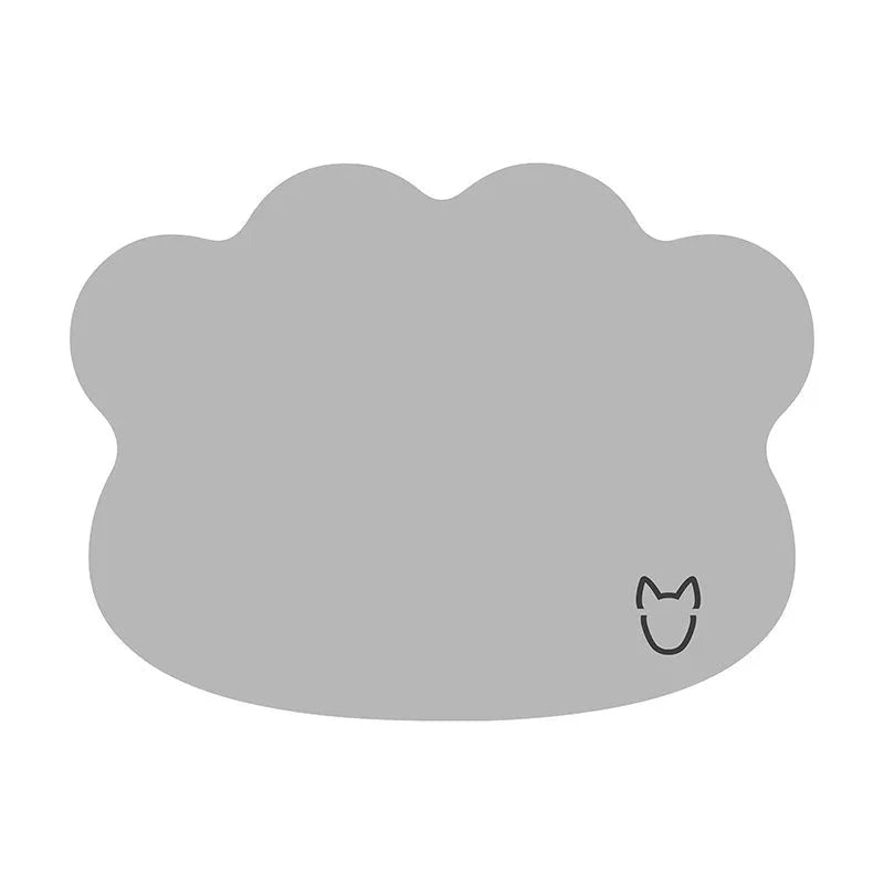 Ice silk dog cooling mat with dog head shape in light grey colour on a wooden floor