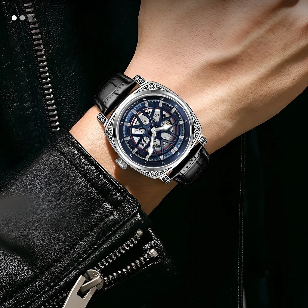 Automatic mechanical men's watch with stainless steel case and leather strap