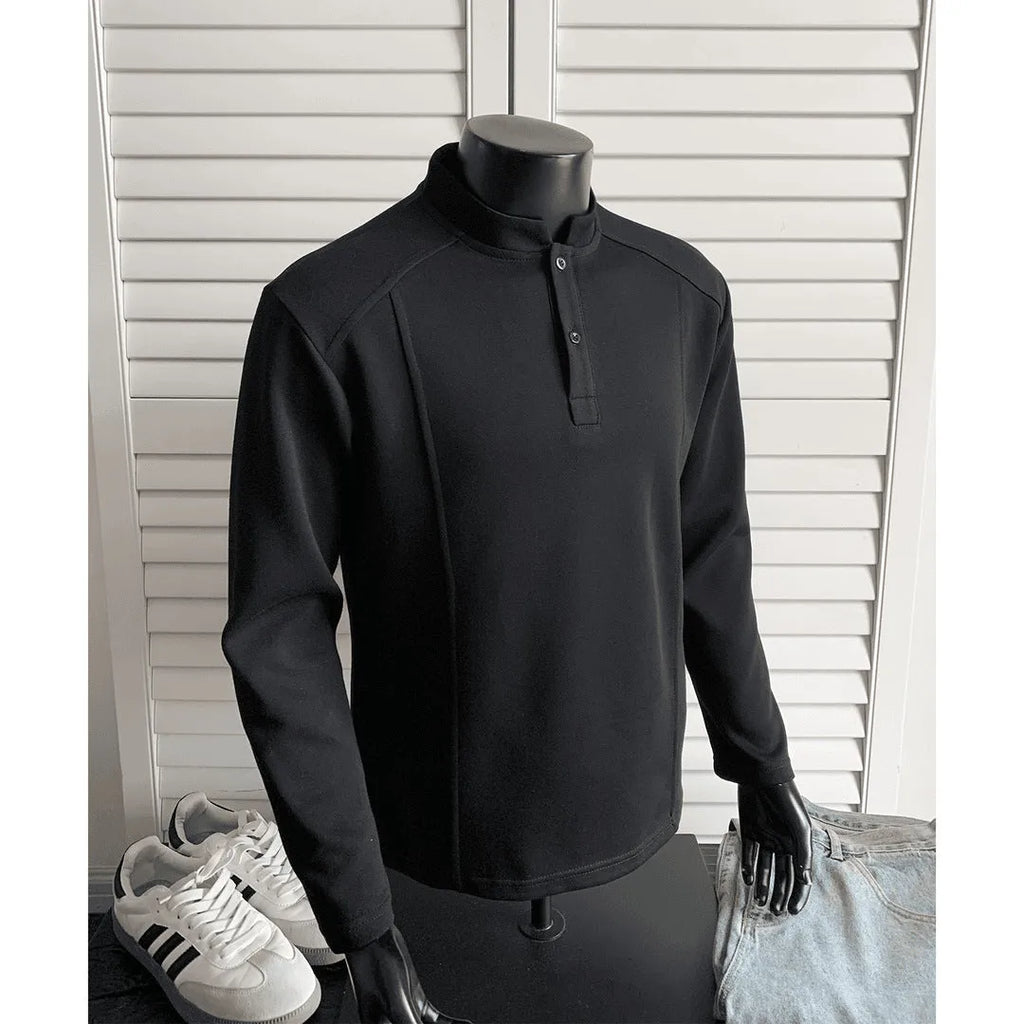Men's patchwork stand-up collar sweater shoulder polo shirt in Chinese cotton fabric