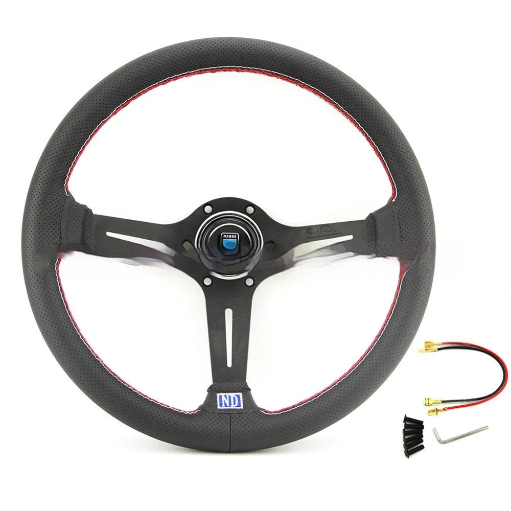 Leather 14-inch steering wheel with concave centre design, black skeleton frame option