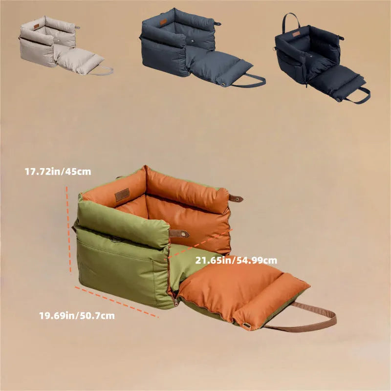 Green waterproof PU pet car nest for dogs, shown on a car seat with dimensions 55x50x45cm.