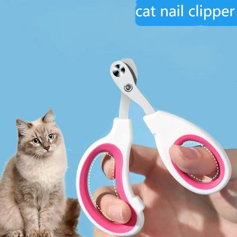 Blue handled cat nail clippers with circular cutting hole and stainless steel blade
