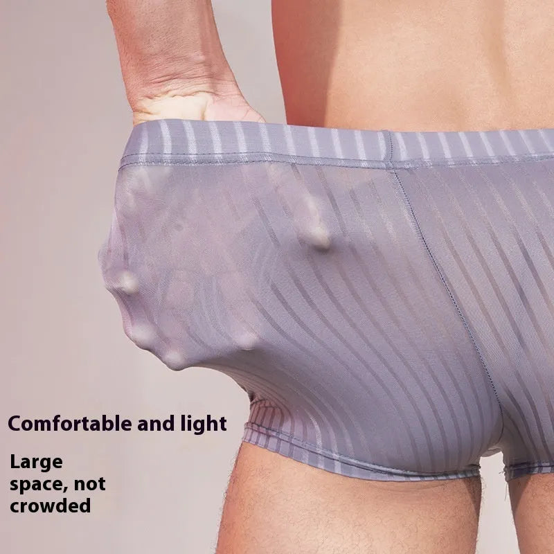 Men's striped transparent underwear in black, white and dark grey colours showing thin nylon fabric
