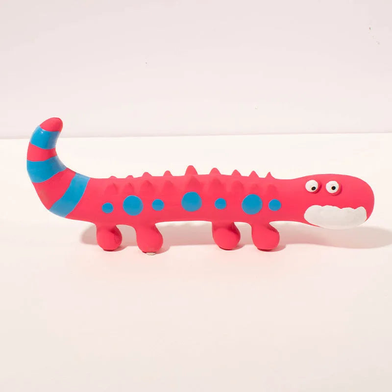 Green cartoon lizard-shaped latex dog chew toy with squeaker on a white background.