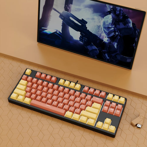 87-key wired mechanical gaming keyboard with multi-colour keycaps on a metal body.