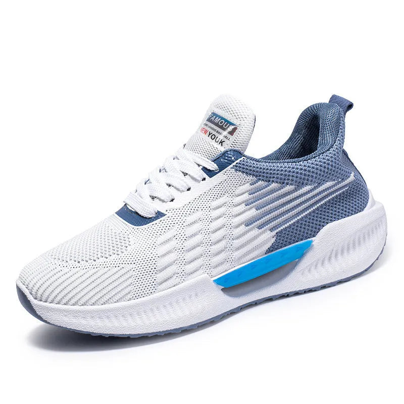 Men's blue casual mesh sports shoes with round toe and plastic sole, shown on a white background.