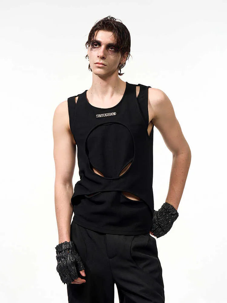Men's sleeveless waistcoat vest in hollow white thread knit with round neck collar