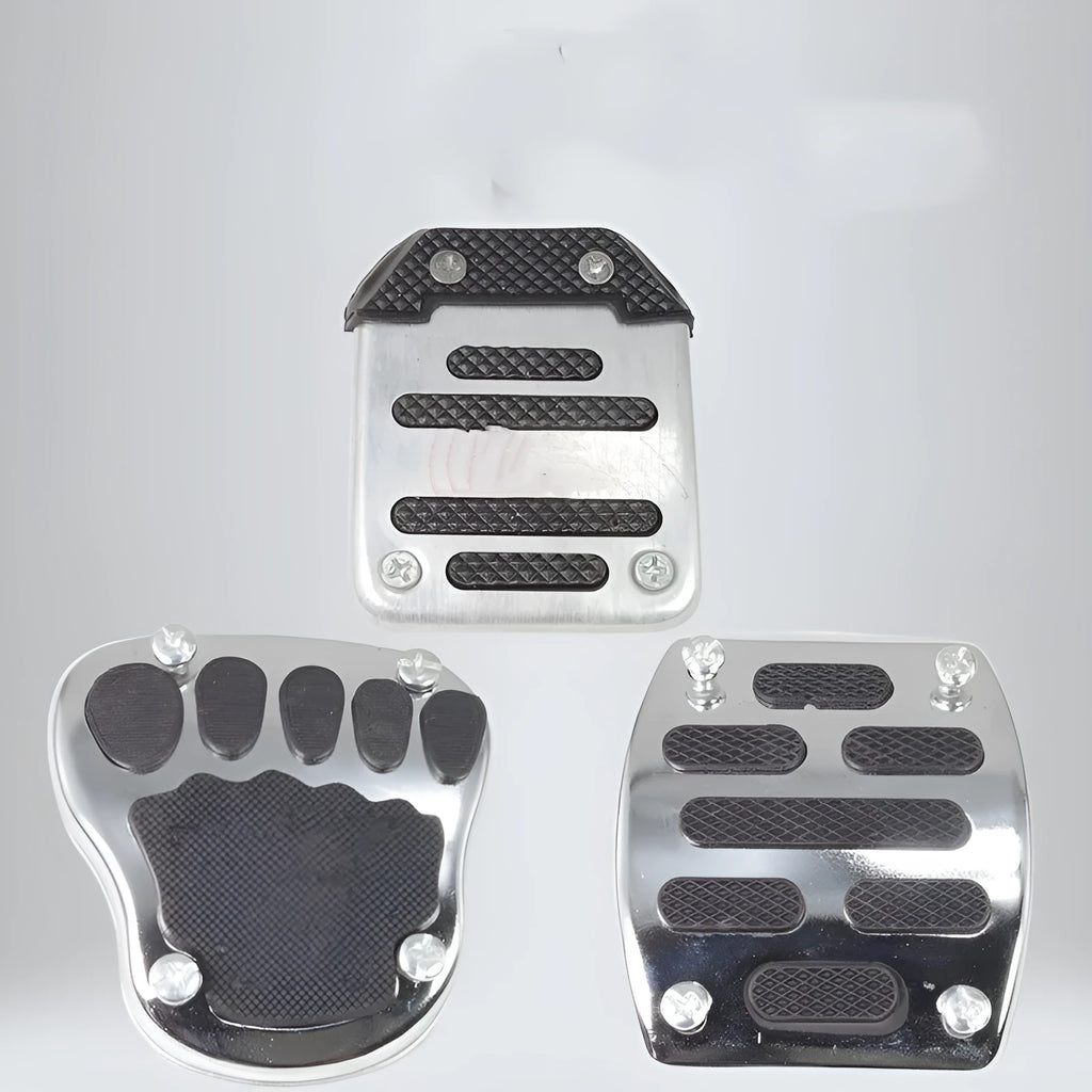 Metal motorcycle brake pedal skid plate replacement part in three style variants