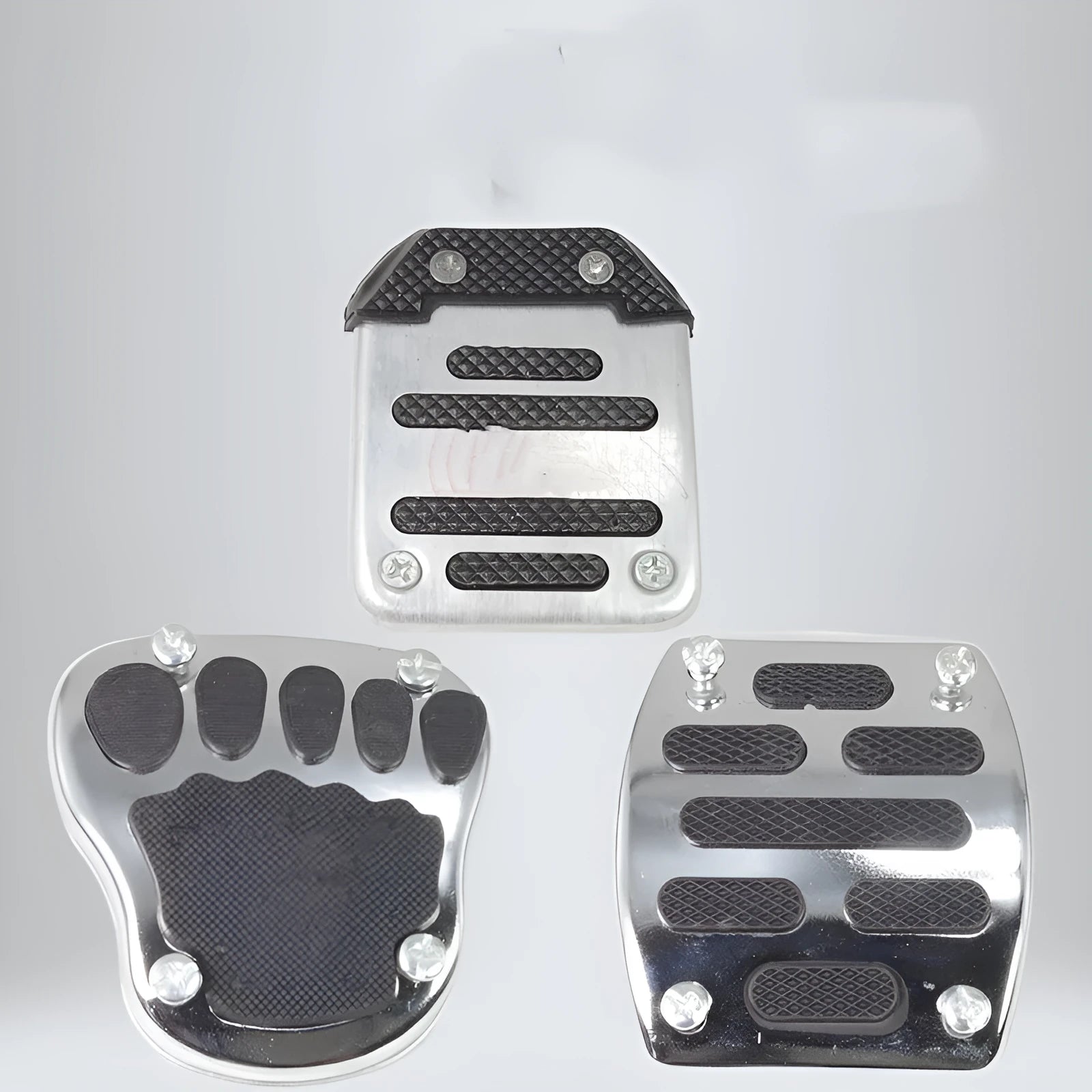 Metal motorcycle brake pedal skid plate replacement part in three style variants