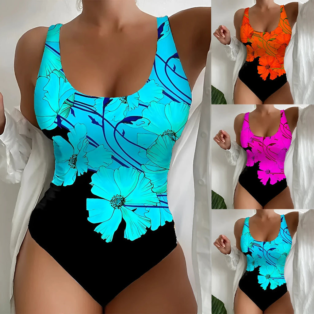 Women's 3D printed one-piece swimsuit in orange red, sky blue, and purple colour options