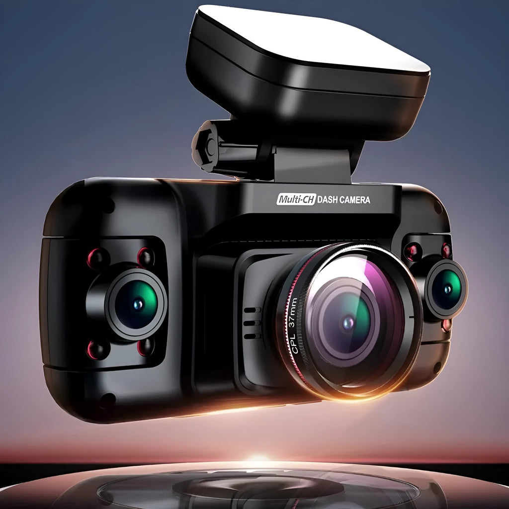 Panoramic car dash cam with multiple lenses and 2-inch screen for parking surveillance