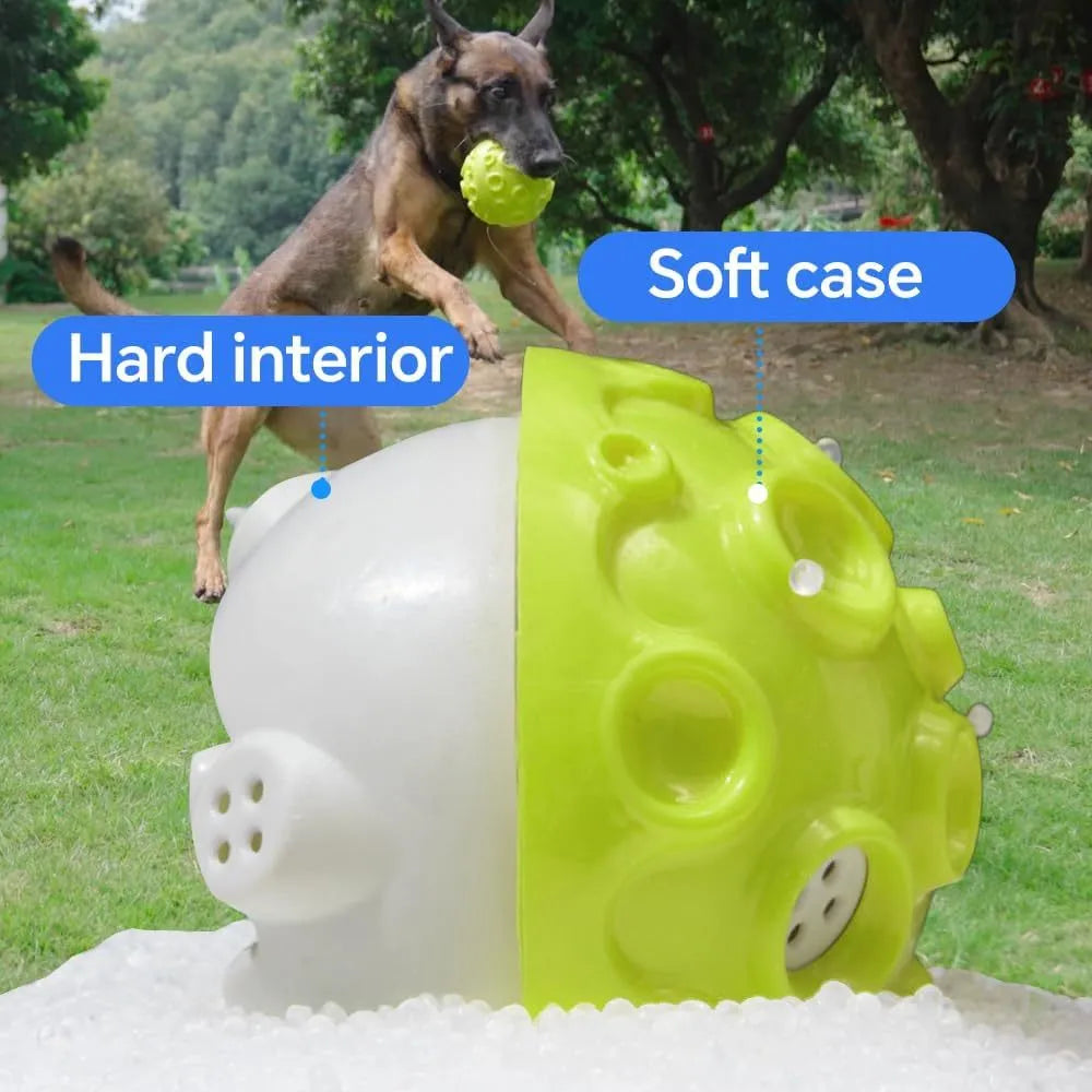 Colourful rubber dog toy ball with textured surface for chewing and teeth cleaning