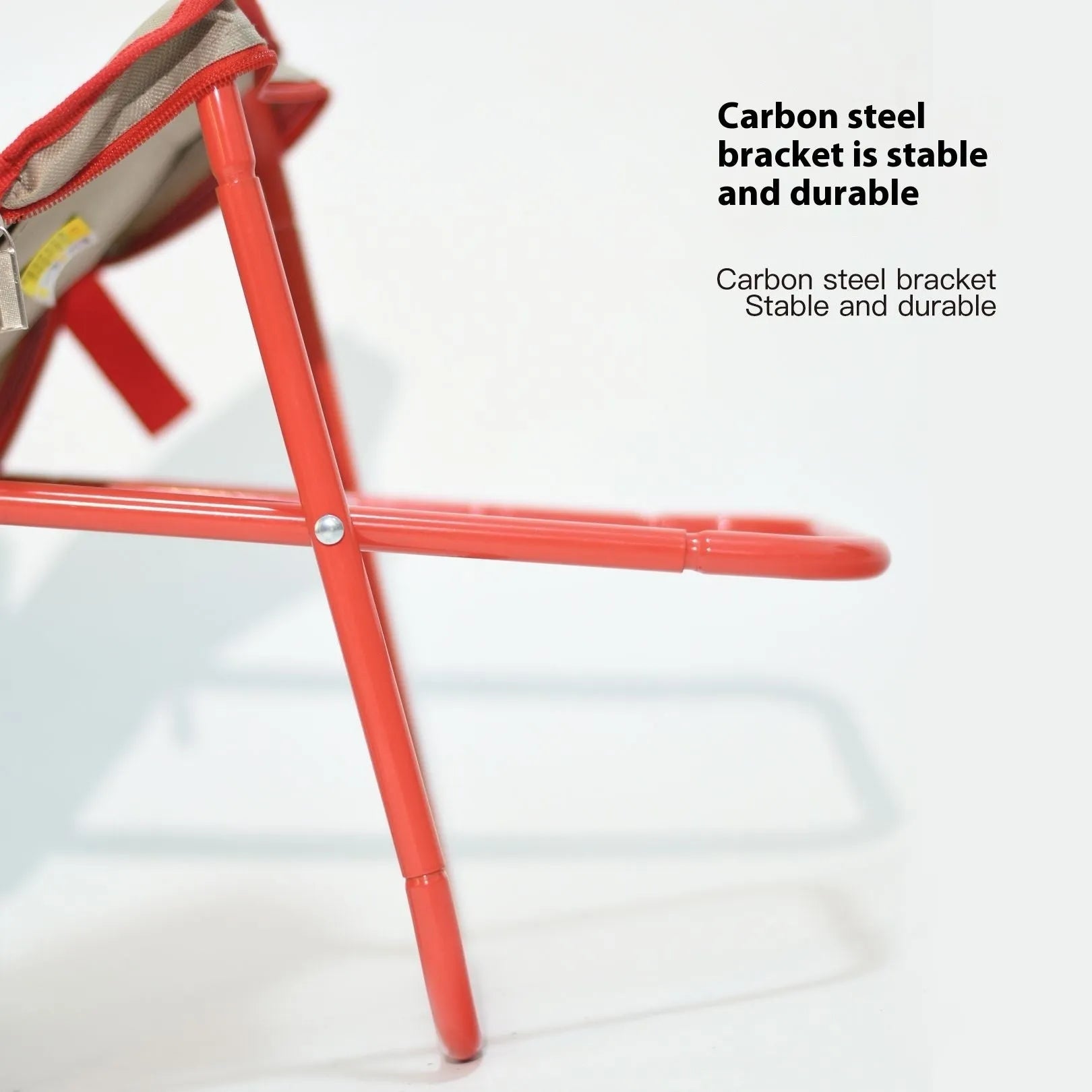 Lightweight foldable camp chair stool in khaki colour, shown both set up and folded into its compact pencil box carry case.