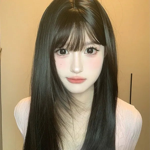 Dark brown long straight synthetic women's wig with bangs for round face shapes