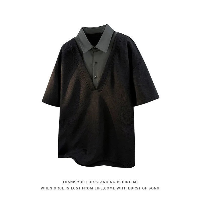 Men's heavy henry collar polo shirt sweater with padding in black colour