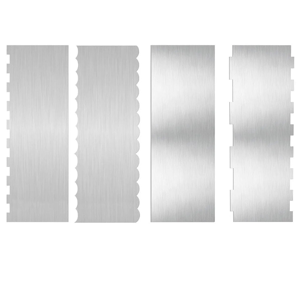 Set of six stainless steel cake scrapers with polygon patterns for professional cake decorating