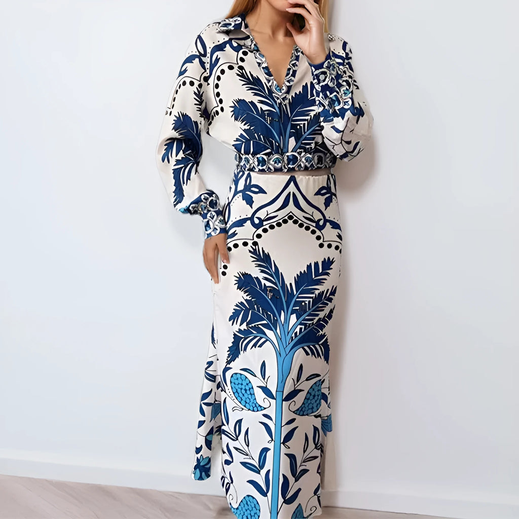 Women's long sleeve top and long skirt co-ord set in a solid picture colour.