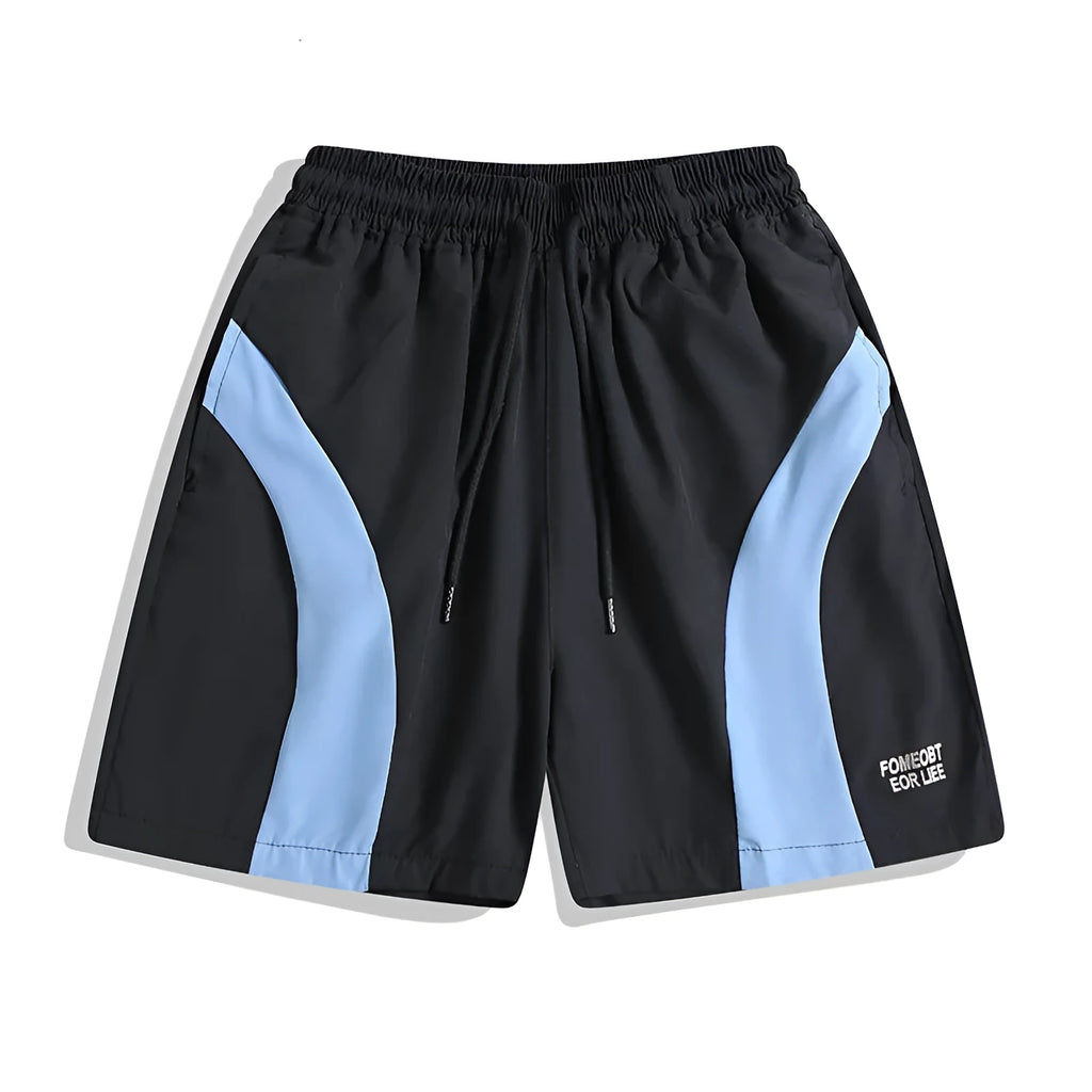 Men's black quick-drying sports shorts with elastic waist and straight-leg loose fit