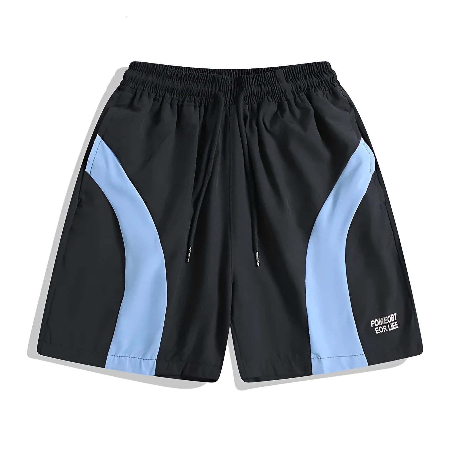 Men's black quick-drying sports shorts with elastic waist and straight-leg loose fit