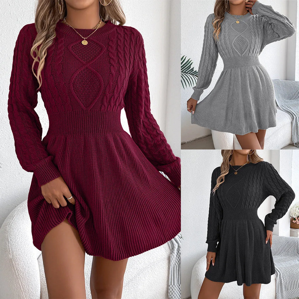 Artificial fur acrylic sweater dress with lantern sleeves and twist waist detail in wine red colour