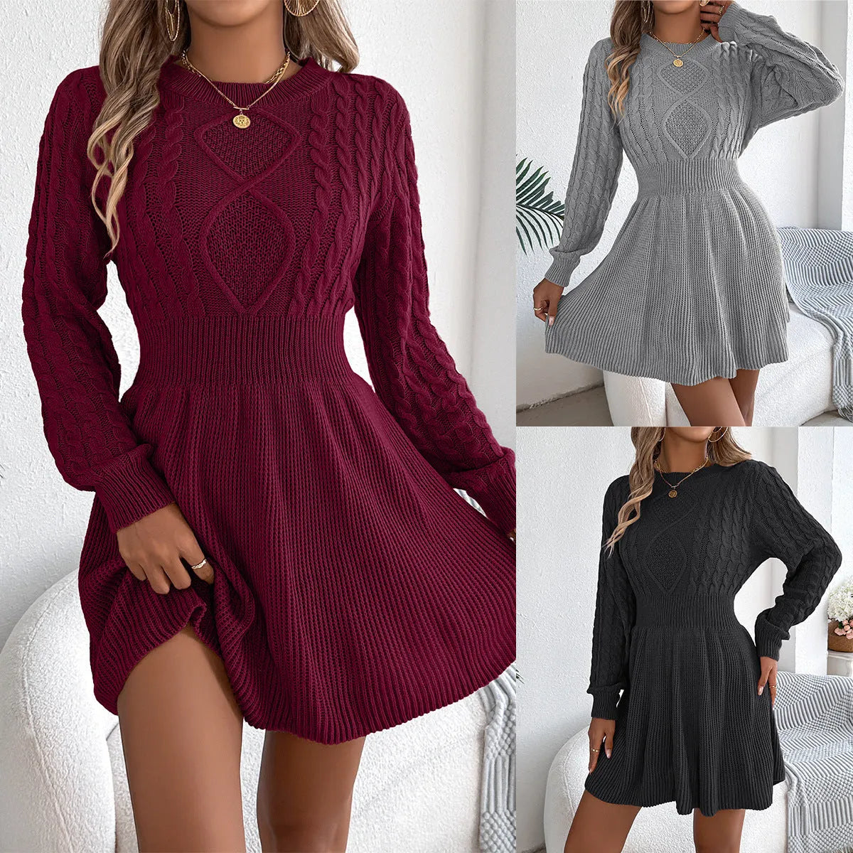 Artificial fur acrylic sweater dress with lantern sleeves and twist waist detail in wine red colour