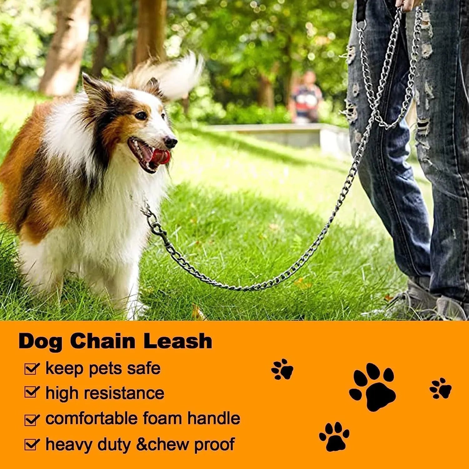 Heavy duty metal dog leash chain with soft padded handle in black colour