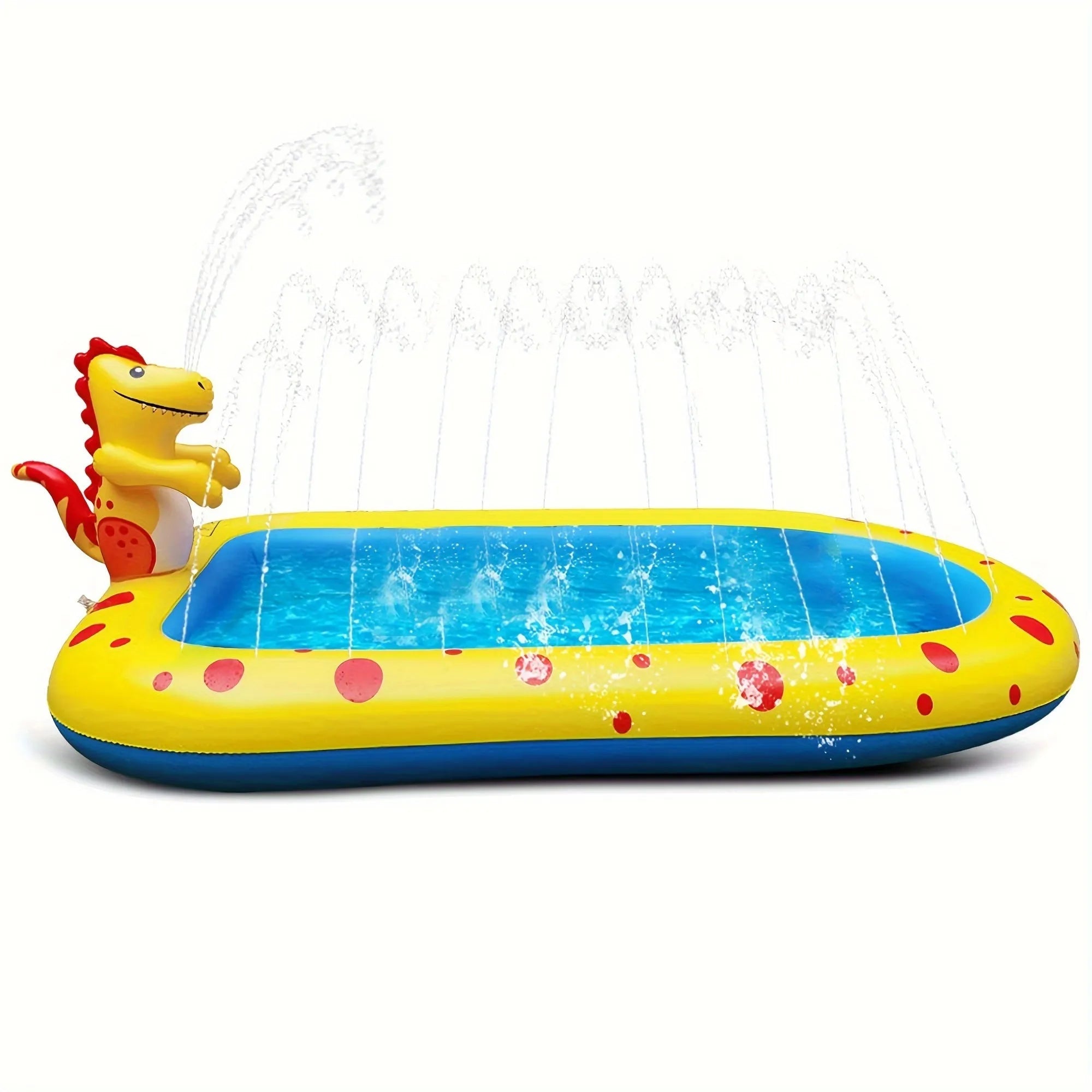 Blue dinosaur inflatable water spray pool with splash mat and toy shark for garden play