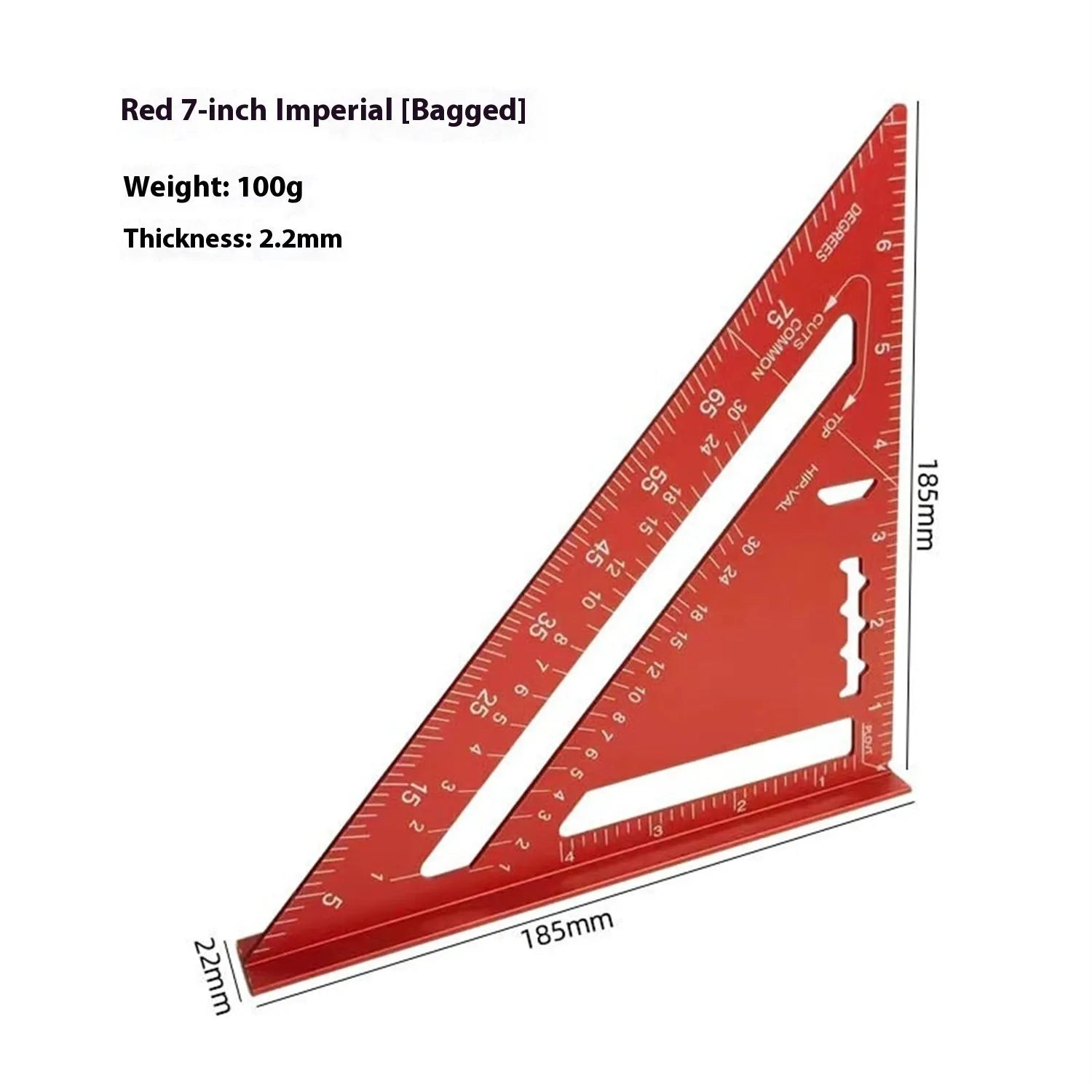 Red anodised aluminium combination angle ruler showing dual-sided metric centimetre and millimetre scales.