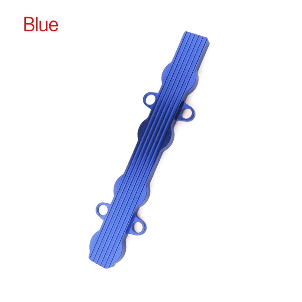 Aluminium engine harness cover in blue, red, or silver, shown with and without mounting holes.