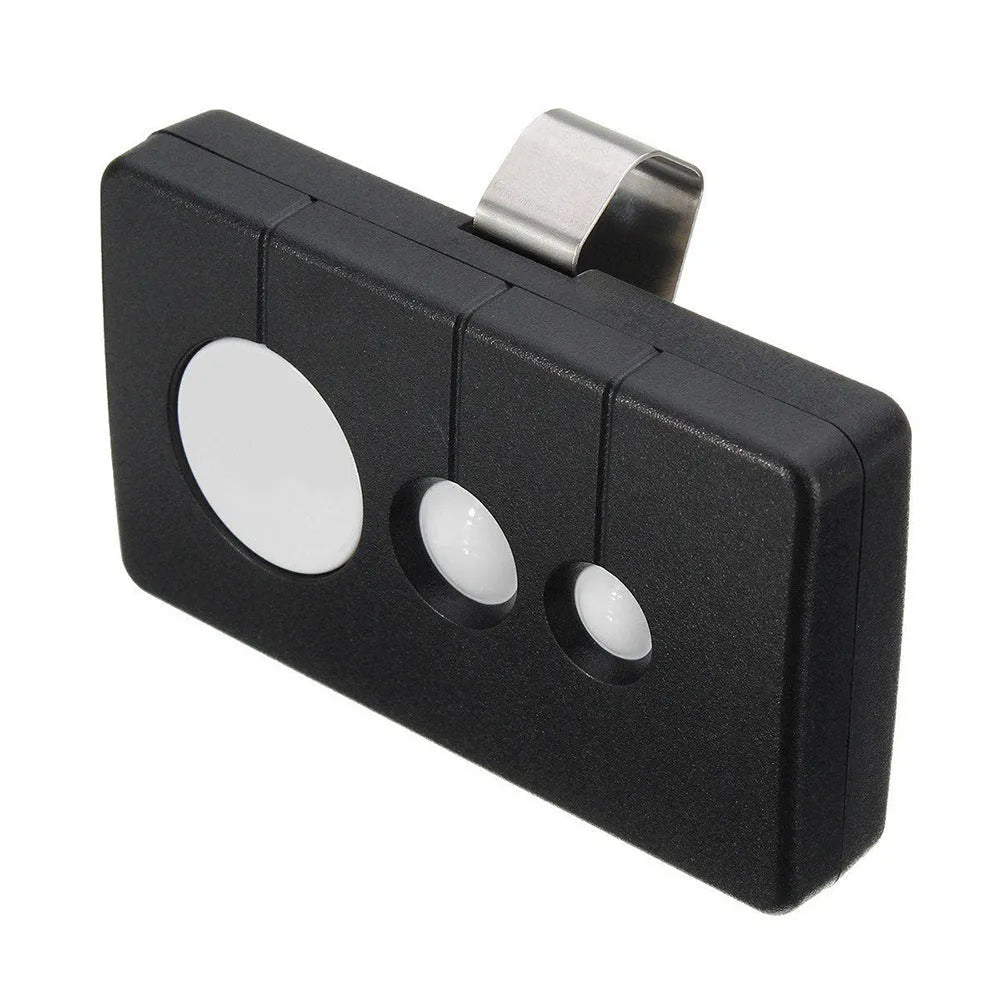Black three-button LiftMaster garage door remote control with rolling code, showing dimensions.