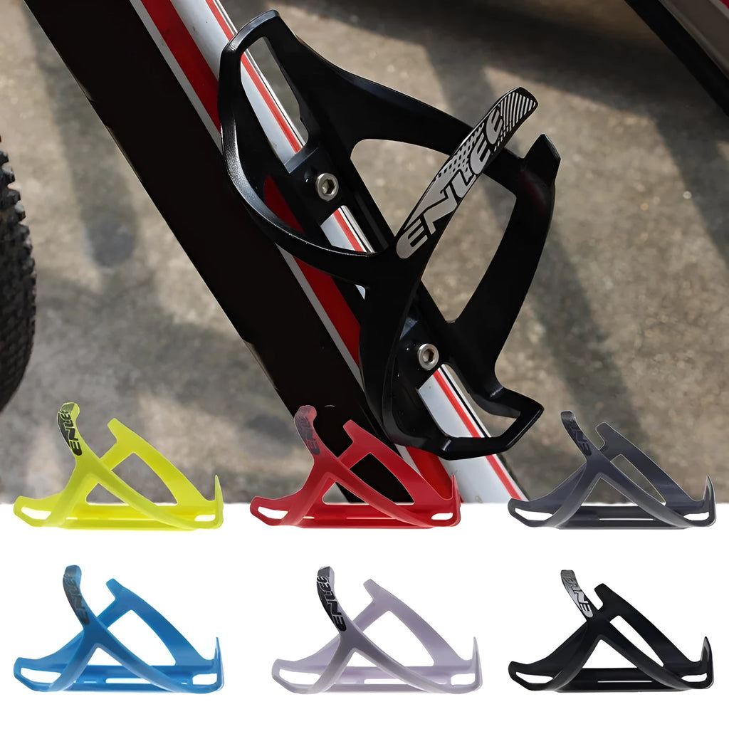 TPR plastic mountain bike water bottle cage shown in fluorescent yellow and other colour options.