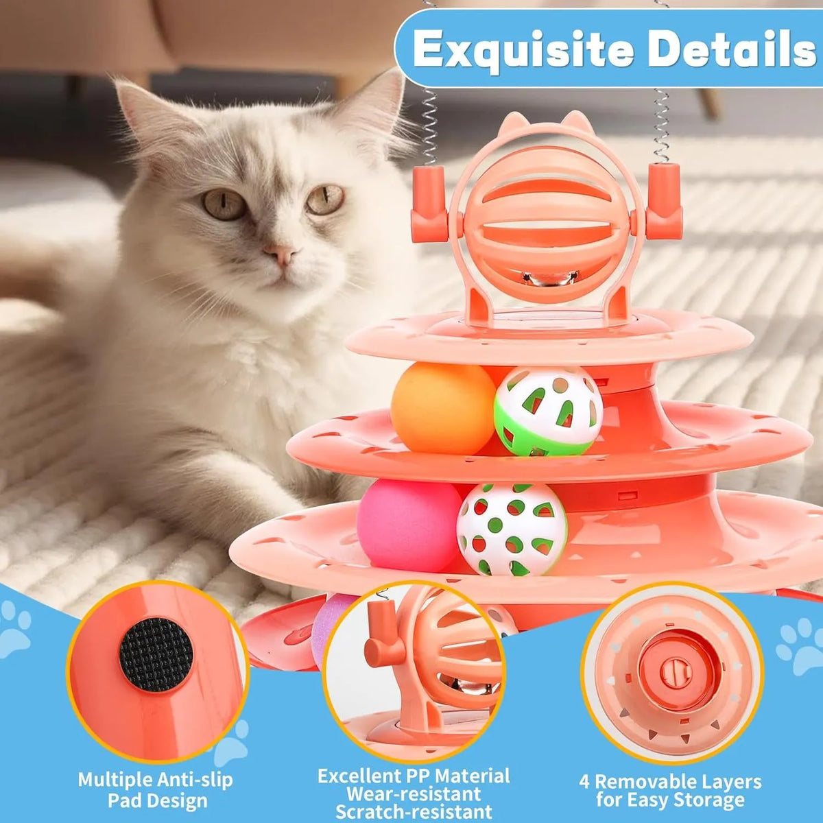 Blue 4-tier interactive cat puzzle toy with sliding balls and teasing rods on non-slip base