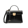 Black genuine leather shoulder bag with clasp closure showing internal compartments and adjustable strap