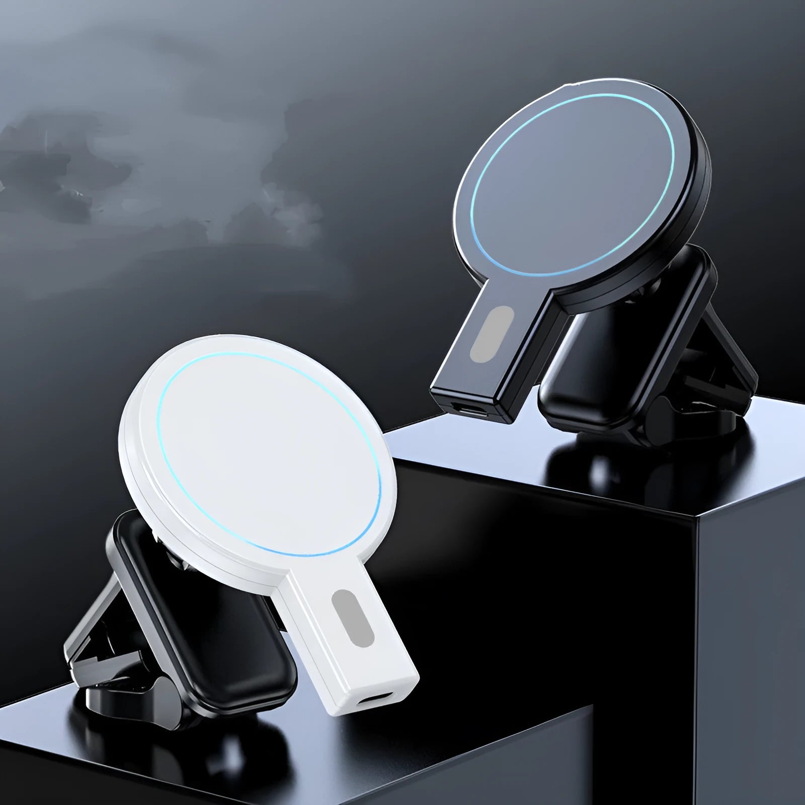 Black and white magnetic wireless charger with phone stand function showing compact dimensions