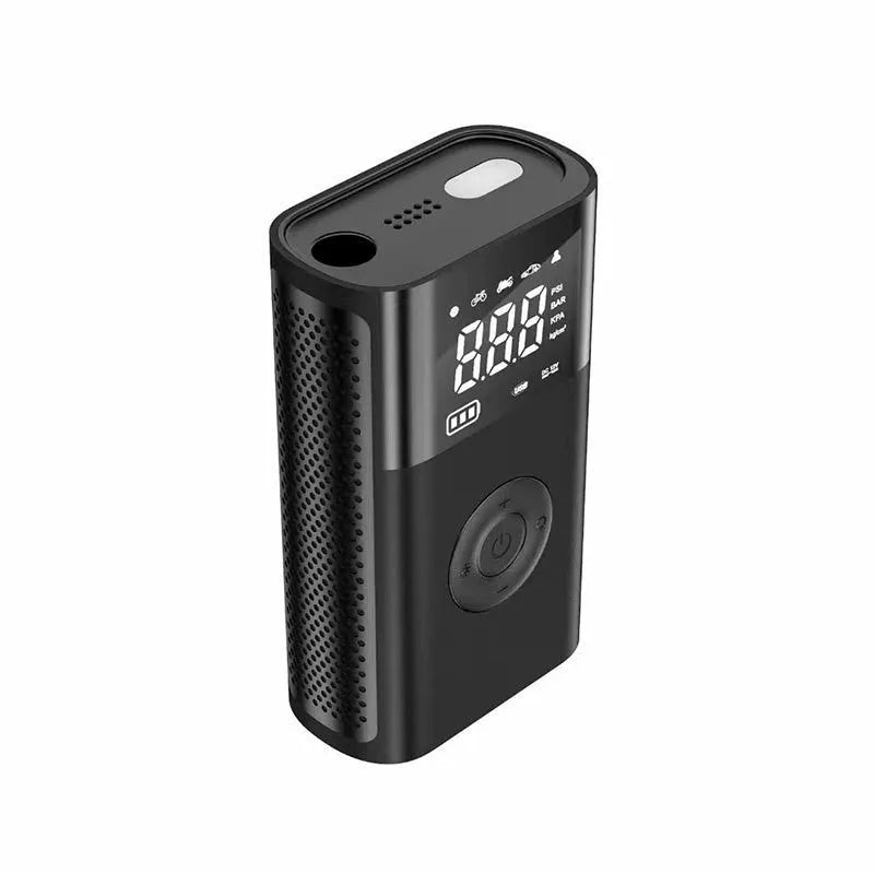 Black handheld wireless digital air pump with LCD screen and LED light, with assorted inflation nozzles