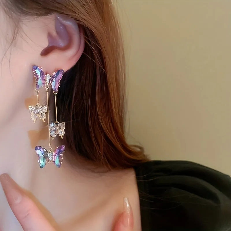 Silver needle blue purple butterfly tassel earrings with crystal flowers for women