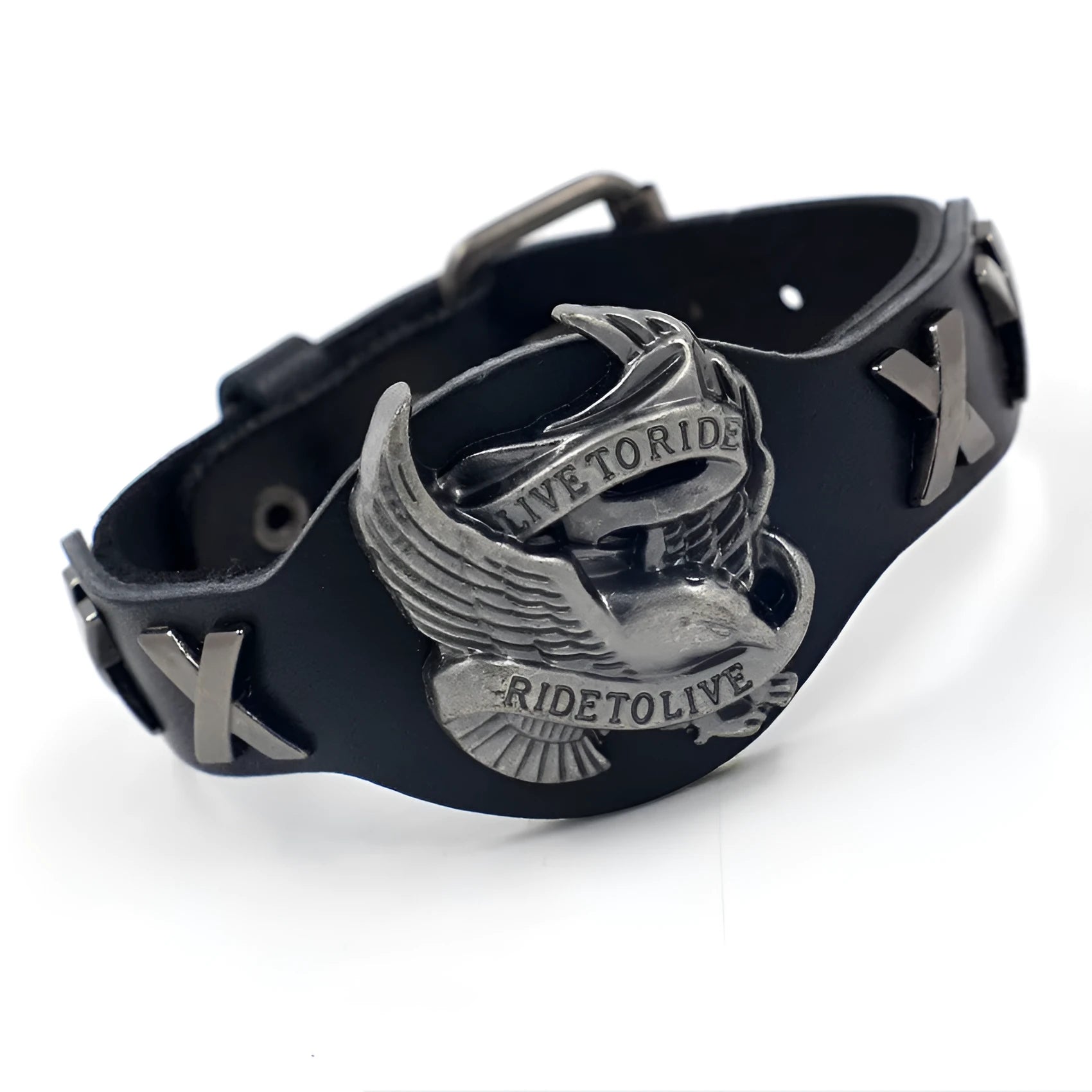 Black leather bracelet with alloy eagle watch-button clasp showing geometric patterning