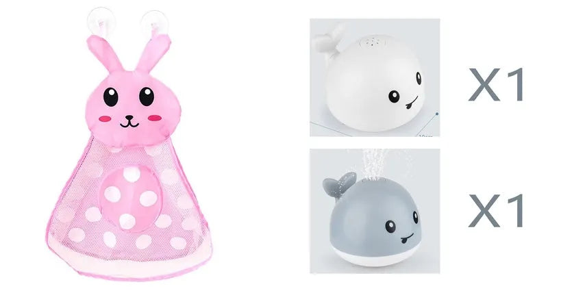 Electric whale bath toy spraying water with flashing LED lights in baby bath