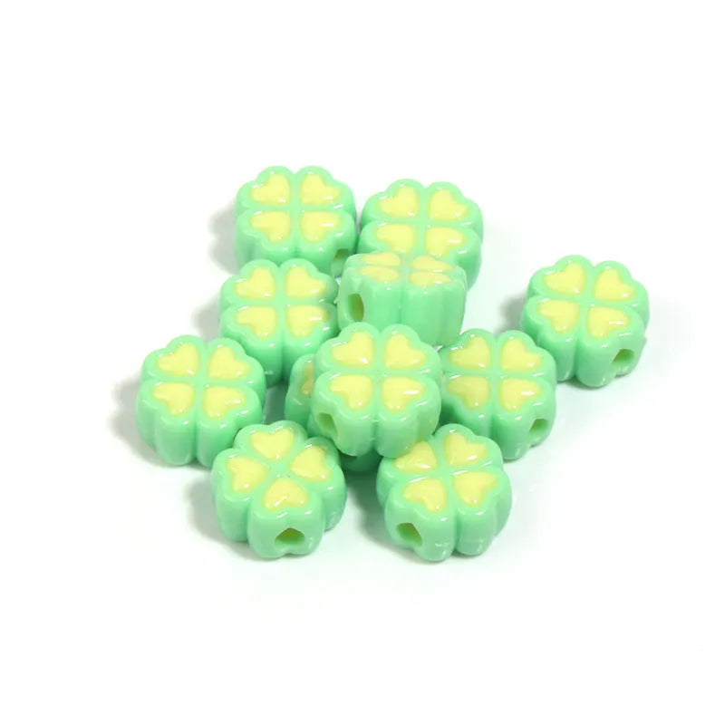 15mm acrylic four-leaf clover beads with frosted finish in various colours including rose red, pink, yellow, green, blue, purple