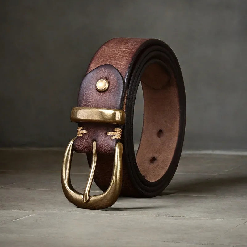 Men's black cattlehide leather belt with copper pin buckle shown at 95-125 cm length.